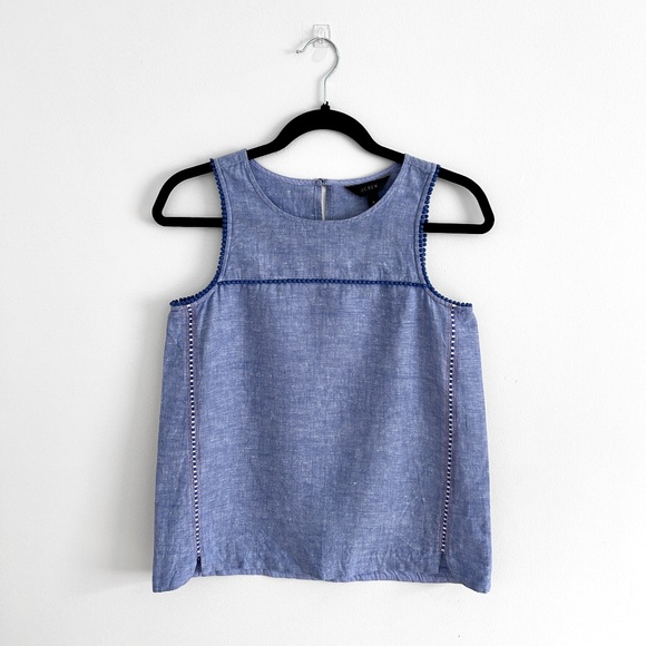 J. Crew Tank Top Chambray Denim Crew Neck Button Back with Pompom Trim Size 0 - Picture 1 of 9